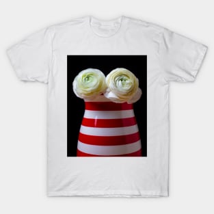 Two White Ranunculus Flowers In Red And White Striped Vase T-Shirt